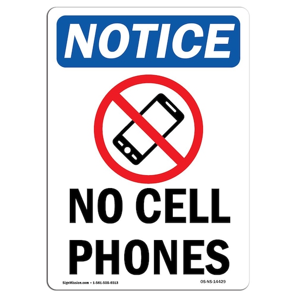 Safety Sign, OSHA Notice, 24" Height, Rigid Plastic, No Cell Phones Sign With Symbol, Portrait